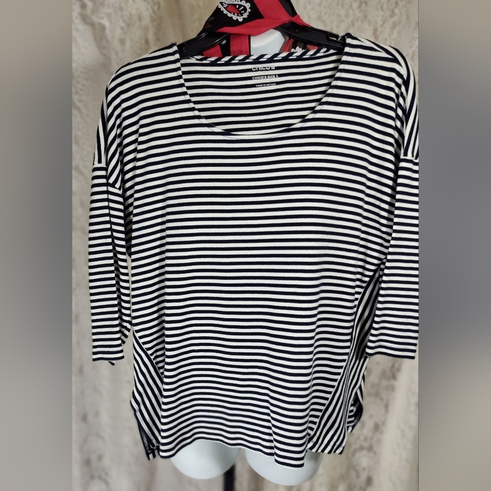 Chico's Black White Striped Long Sleeve Top Nwot